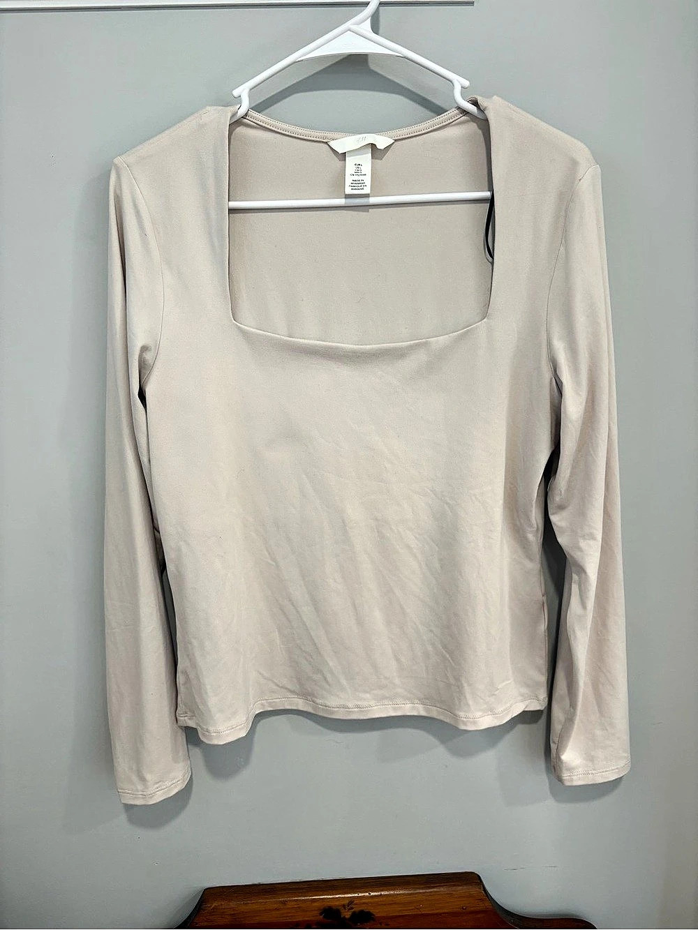 H&M Square-Neck Long-Sleeve Top Beige Size Large